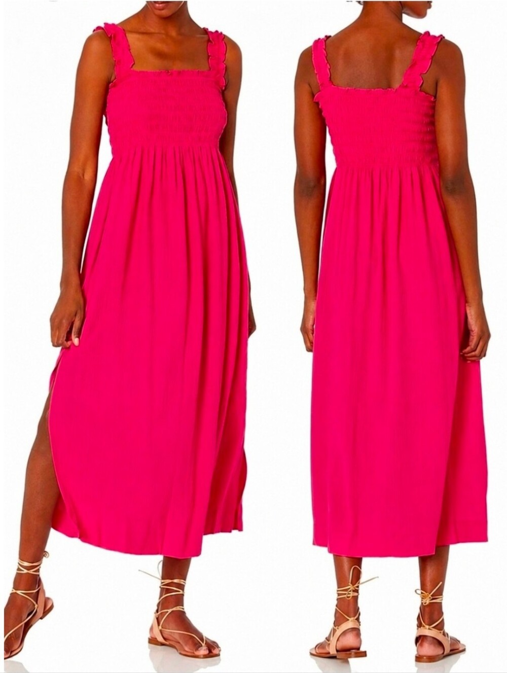 Calvin Klein Pink Sleeveless Ruffle Straps Smocked Bodice Textured Maxi Dress 16
